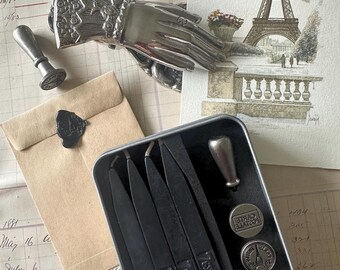 7gypsies Black Wax and Seals Parisien Kit | New Sealed Wax Seal Set | Paris Post & Fleur de Lis | Vintage Letter Writing Kit