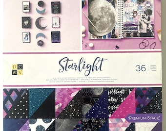 DCWV Starlight Premium Stack | 12x12 Celestial Scrapbook Paper Pad | Moon Stars Galaxy Paper | 36 Sheets | Cardmaking Journal Supplies