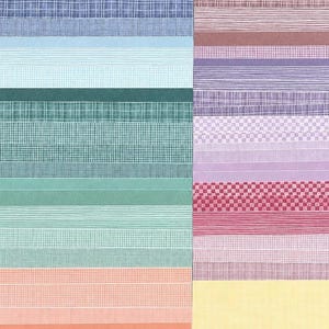 May include: A collection of rectangular paper sheets arranged in two vertical columns, featuring a variety of patterns including horizontal stripes, checkered grids, and solid colors in shades of blue, green, pink, yellow, purple, and white.