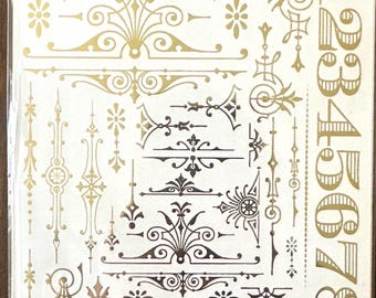 Tim Holtz Idea-ology Gilded Accents Remnant Rubs | Gold Silver Metallic Transfers | Vintage Rub-On Embellishments