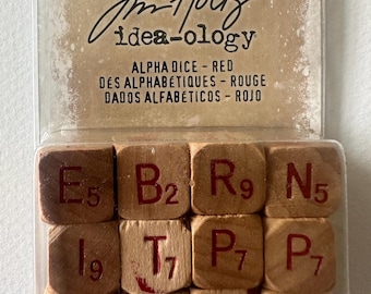 Tim Holtz Idea-ology Alpha Dice Red | 12 Wooden Alphabet Dice | Letter Blocks for Journals Scrapbooking Mixed Media Crafts