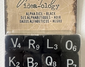 Tim Holtz Idea-ology Alpha Dice Black | 12 Wooden Alphabet Dice | Letter Blocks for Journals Scrapbooking Mixed Media Crafts