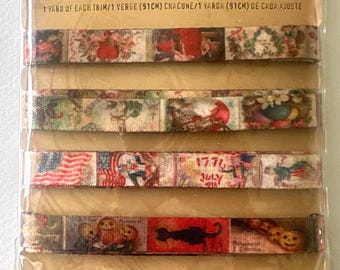Tim Holtz Idea-ology Seasonal Trimmings Ribbon | 6 Printed Ribbon Trims | Scrapbooking Embellishment | Mixed Media | Holiday Craft Ribbons