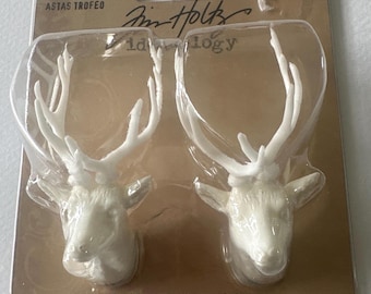 Tim Holtz Idea-ology Trophy Antlers | 2 Mini Resin Deer Heads | Mixed Media Embellishment | Assemblage Supply | Woodland Craft Decor