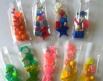 Vintage Plastic Charm Lots Curated Mixed Color Packs Red White Blue Pink Yellow Green Food Gumball
