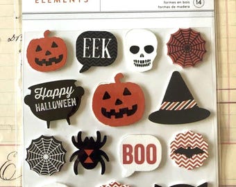 American Crafts Halloween Wood Shapes | 14 Wooden Embellishments | Jack O Lantern Skull Witch Hat Black Cat Scrapbook Junk Journal