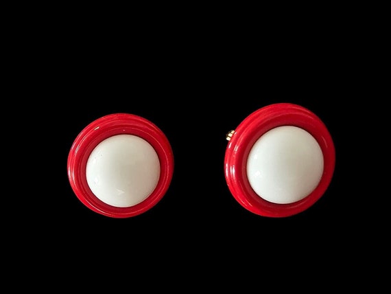 Monet Earrings Clip Red Enamel Metal White Acryli… - image 3