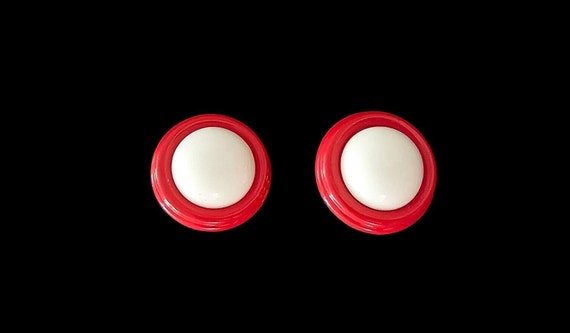 Monet Earrings Clip Red Enamel Metal White Acryli… - image 2