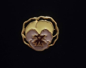 Avon Vintage 1990 Full Bloom Pansy Pin Lavender Gold Tone Brooch Pastel Yellow