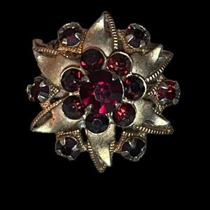 Puede incluir: Broche vintage dorado con diseño floral. El broche presenta una gran gema central redonda de color rojo rubí, rodeada de gemas rojas oscuras más pequeñas. El broche tiene un diseño de estrella con hojas doradas.