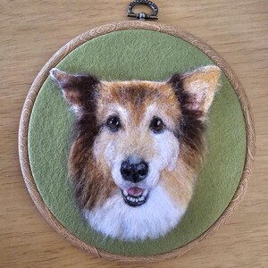 Puede incluir: Retrato de perro hecho a mano con fieltro de aguja en un bastidor de bordado redondo de madera. El perro tiene pelaje marr&oacute;n y blanco, una nariz negra y est&aacute; sobre un fondo de fieltro verde. El bastidor incluye un lazo met&aacute;lico para colgar.