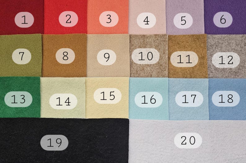 Puede incluir: Una carta de colores con veinte cuadrados de fieltro en varios colores. Los colores incluyen tonos de rojo, naranja, verde, marr&oacute;n, azul, morado y tonos neutros como el beige y el gris. Cada cuadrado est&aacute; numerado.