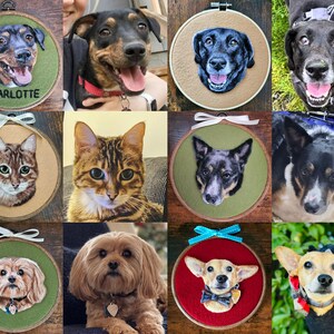 Puede incluir: Una colecci&oacute;n de retratos de mascotas bordados, presentados en aros de madera. Los retratos muestran perros y gatos con rasgos faciales detallados, sobre fondos de tela de varios colores. Algunos aros incluyen el nombre de la mascota.