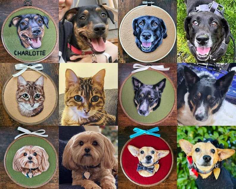 Puede incluir: Una colecci&oacute;n de retratos de mascotas bordados, presentados en aros de madera. Los retratos muestran perros y gatos con rasgos faciales detallados, sobre fondos de tela de varios colores. Algunos aros incluyen el nombre de la mascota.