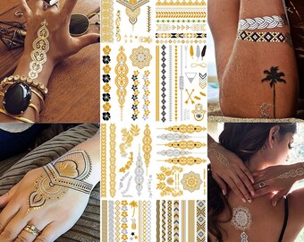 Metallic Gold Temporary Tattoos For Women - Waterproof Body Fake Flash Tattoo Stickers - Jewelry, Bracelet, Flowers, Mandala, Mehndi, Boho