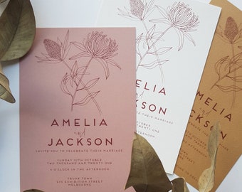 WILDFLOWER/Wedding Invites/Blush/Biscotti/HandDrawn Australian Botanicals