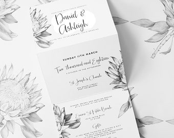 TRIFOLD/Protea WEDDING Invites/HANDRAWN