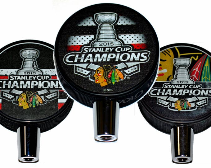 Chicago Blackhawks NHL Stanley Cup Champions Hockey Puck Beer Tap Handle Trio 2010, 2013 And 2015