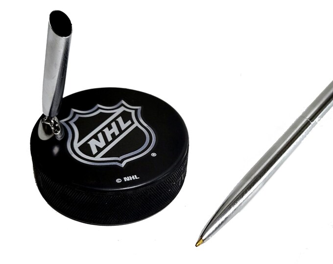 NHL Logo Basic Series Hockey Puck Desk Pen Holder With Our #55 Silver Pen And Funnel