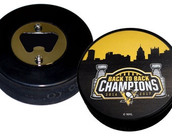 Pittsburgh Penguins Back To Back 2016-2017 NHL Stanley Cup Champions Hockey Puck Bottle Opener