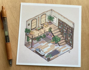 以下が含まれることがあります： 本棚、ソファ、コーヒーテーブル、植物のある居心地の良いリビングルームの手描きイラスト。部屋は暖色系の色合いで、温かく居心地の良いスタイルで装飾されています。