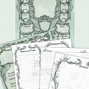 May include: A collection of fantasy-themed character sheets with intricate floral and fairy wing illustrations. The sheets include spaces for stats like Strength, Dexterity, and Initiative, and are designed for role-playing games.
