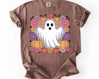 Ghost Halloween Boho Tshirt PNG, Ghost Flower Tshirt PNG, Cute Ghost boho design, Halloween Fall Vintage Tshirt png, Colorful fall ghost png
