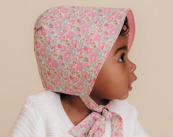 Cotton Floral Bonnet - Baby Bonnet - Made with Liberty Fabrics Tana Lawn Betsy Ann Pink