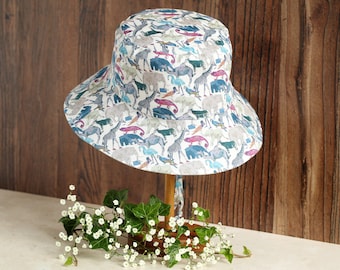 Cotton Bucket Sun Hat - Boys Hat - Made with Liberty Fabrics Tana Lawn Queue for the Zoo Grey