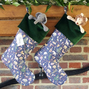 Luxury Personalised Christmas Stocking: Made with Liberty Fabrics Christmas Blue, Green Velvet Cuff