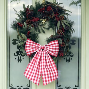 Large Gingham Christmas Fabric Bow: Red & White Holiday Decor