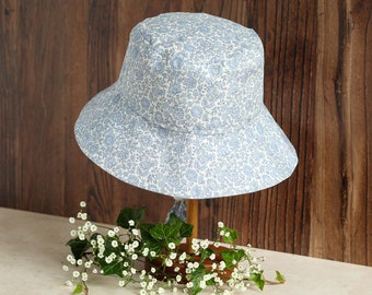 6 - 12 Months Cotton Sun Hat - Bucket Hat - Made with Liberty Fabrics Tana Lawn D'anjo Coast Blue