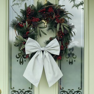 Sage Green Striped Christmas Fabric Bow: Handmade Wreath Decor