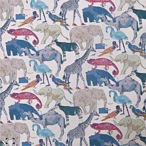 May include: A white background with a repeating pattern of various animals, including giraffes, elephants, flamingos, and chameleons. The animals are all in shades of blue, pink, and gray.