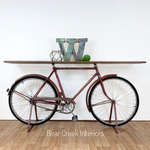 Vintage Red Huffy Farmhouse Industrial Bicycle Sofa Entry Table with 3/4" Solid Cherry Wood Top