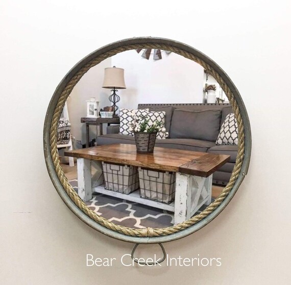 Farmhouse Round Mirror Galvanized Tub With Rope Accent And Felt Backing Vintage Metal