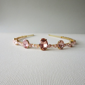 Blush Pink Crystal Crown, Bridal Sparkly Tiara, Peach Princess crown, Pink Headband, Gold Wedding Crown Prom Pink headband