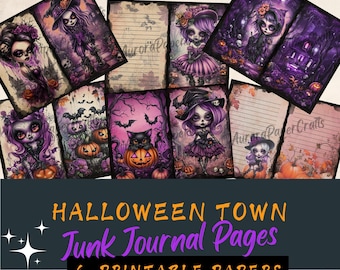 Puede incluir: Seis páginas imprimibles de diario de chatarra con temática de Halloween con ilustraciones de brujas, murciélagos, calabazas y calaveras en un esquema de color morado y negro. El texto "Halloween Town Junk Journal Pages" y "6 Printable Papers" está incluido en la imagen.