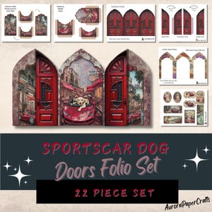 May include: A 22-piece paper craft folio set featuring a red sports car with a dog inside, driving through a city street with red doors on either side. The set includes instructions and templates for building a 3D model.