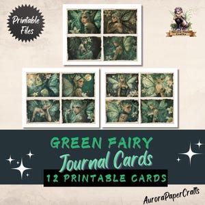 Green Fairy Landscape Journal Cards Printables, 12 Piece Journal Cards, Green, 3 Printable pages, 11 X 8.5&quot;, JPG + PDF files