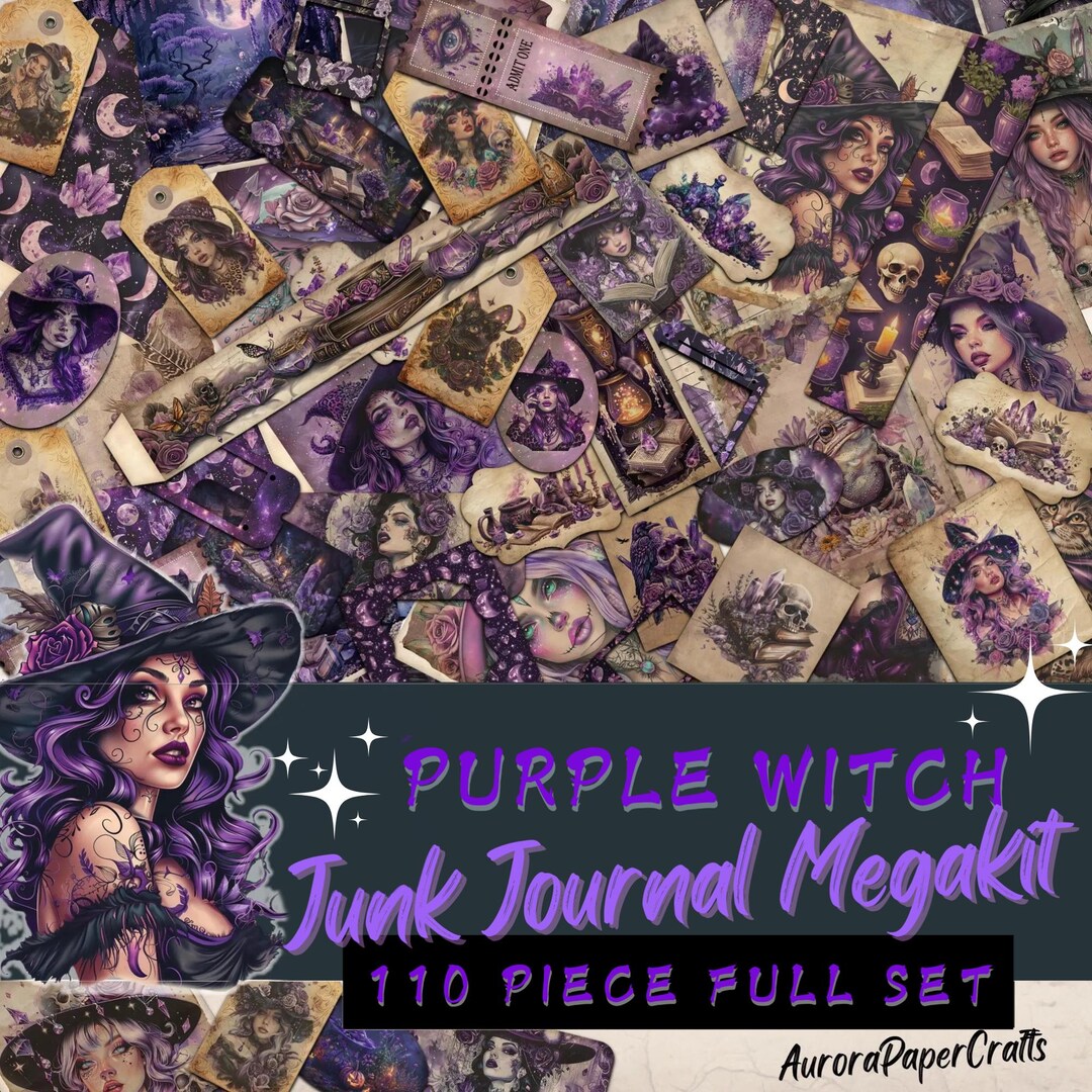 Purple Witch Junk Journal Mega Kit: 110 Piece Ephemera, Cards, Tags ...