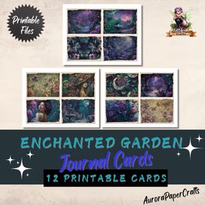 Carnet de bord Jardin enchanté, 12 cartes paysages, bleu sarcelle, violet et bleu, feuilles éphémères imprimables, 27,4 x 8,5 po. JPG + PDF