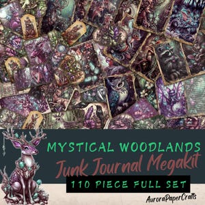 Mégakit Mystical Woodlands Junk Journal, marron, vert, violet, 110 pièces, papiers imprimables, pochettes, cartes, étiquettes, éphémères. 11 x 8,5 po.