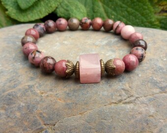 Bracciale in rodonite e quarzo rosa - Bracciale con cristalli curativi per il chakra del cuore - Bracciale Mala elastico boho - Bracciale con pietre preziose rosa - Bracciale yoga