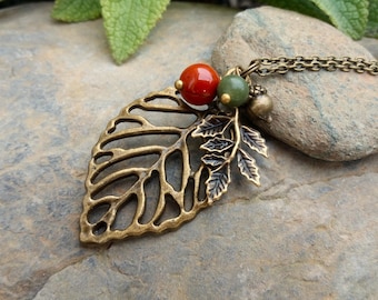 Collar de hojas, colgante de hoja de bronce, collar de bellota de bosque, collar de piedras preciosas de hojas de otoño, collar de cadena bohemio para mujer, joyería natural
