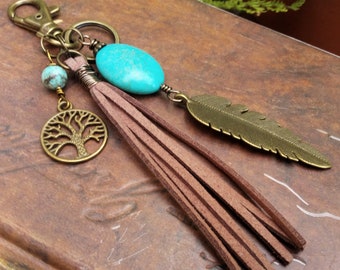 Turquoise Feather Tassel Purse Charm, Southwestern Tassel Purse Charm, Turquoise Keychain, Boho Bag Charm, Backpack Charm, Feather Keychain