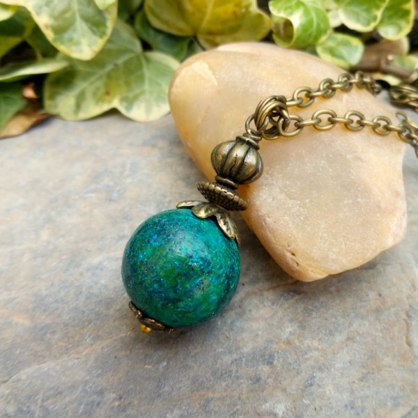 Chrysocolla Pendant, Crystal Pendulum Necklace, Natural Stone Pendant, Womens Necklace, Layering Necklace, Vintage Style, Bohemian Jewelry