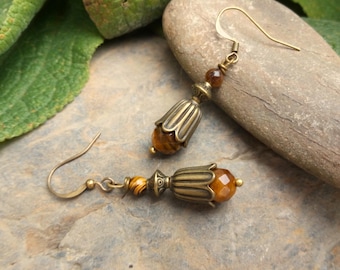 Tiger's Eye Dangle Earrings, Antique Bronze Vintage Bohemian Gemstone Earrings, Tiger's Eye Jewelry, Women's Earrings, Crystal Earrings