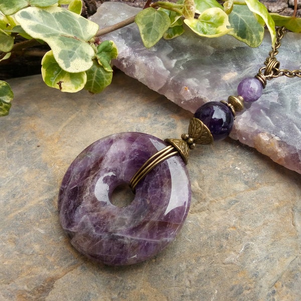 Amethyst Pendant Necklace, Pi Stone Pendant,  Purple Necklace, Stone Pendant, Boho Necklace, Crystal Healing Pendant, Large Amethyst Pendant