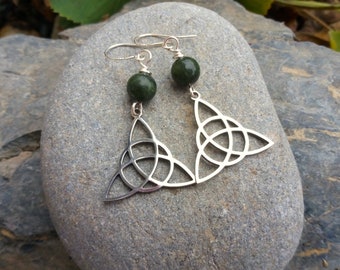 Celtic Knot Earrings, Connemara Marble Earrings, Triquetra Trinity Knot, Ireland Earrings, Silver Dangle Earrings, Irish Jewelry Gift Her